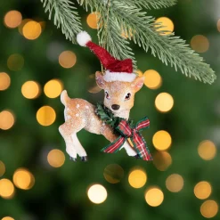 New 3" Fawn Reindeer Wearing Santa Hat and Plaid Bow Christmas Ornament Animals