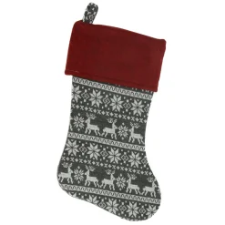 Outlet 19" Festive Grey, White and Red Snowflakes & Reindeer Knit Christmas Stocking Stockings