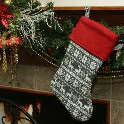 Outlet 19" Festive Grey, White and Red Snowflakes & Reindeer Knit Christmas Stocking Stockings