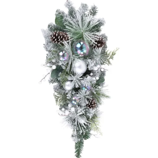 Discount 30" Flocked Pine Artificial Christmas Teardrop Swag with Iridescent Ornaments - Unlit Unlit Swags