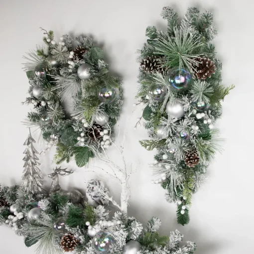 Discount 30" Flocked Pine Artificial Christmas Teardrop Swag with Iridescent Ornaments - Unlit Unlit Swags
