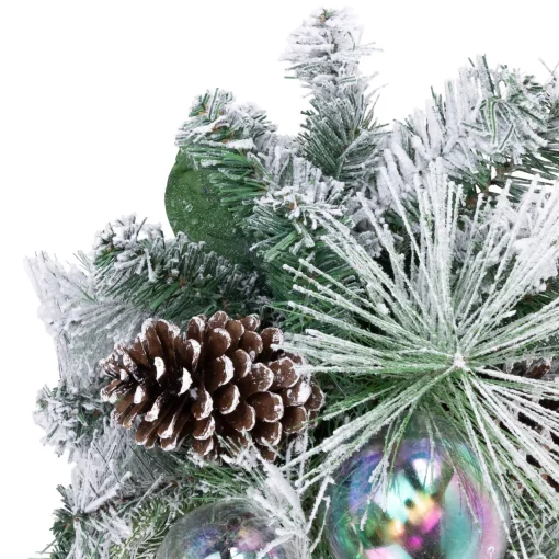 Discount 30" Flocked Pine Artificial Christmas Teardrop Swag with Iridescent Ornaments - Unlit Unlit Swags