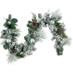 Clearance 6' Flocked Pine Artificial Christmas Garland with Iridescent Ornaments, Unlit Pre Decorated