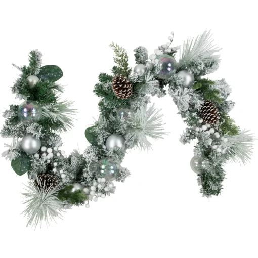 Clearance 6' Flocked Pine Artificial Christmas Garland with Iridescent Ornaments, Unlit Pre Decorated