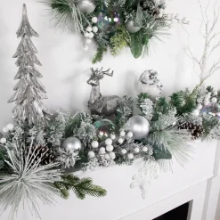 Clearance 6' Flocked Pine Artificial Christmas Garland with Iridescent Ornaments, Unlit Pre Decorated