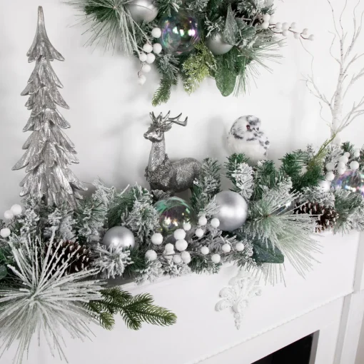 Clearance 6' Flocked Pine Artificial Christmas Garland with Iridescent Ornaments, Unlit Pre Decorated