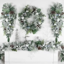 Clearance 6' Flocked Pine Artificial Christmas Garland with Iridescent Ornaments, Unlit Pre Decorated
