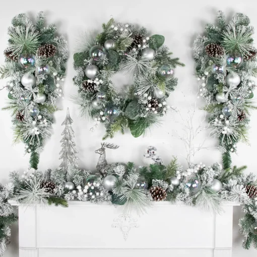 Clearance 6' Flocked Pine Artificial Christmas Garland with Iridescent Ornaments, Unlit Pre Decorated
