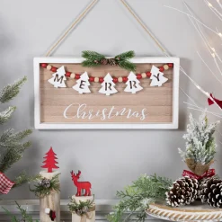 Sale 15.75" Framed Rustic "Merry Christmas" Beaded Wooden Wall Sign Wall
