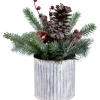 Sale 12" Frosted Pine, Berries and Pine Cones Floral Arrangement in Tin Pot Centerpieces & Arrangements
