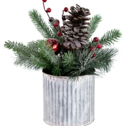 Sale 12" Frosted Pine, Berries and Pine Cones Floral Arrangement in Tin Pot Centerpieces & Arrangements