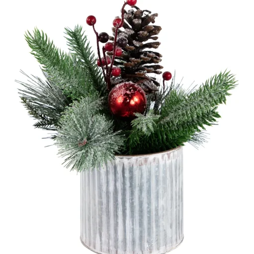 Sale 12" Frosted Pine, Berries and Pine Cones Floral Arrangement in Tin Pot Centerpieces & Arrangements