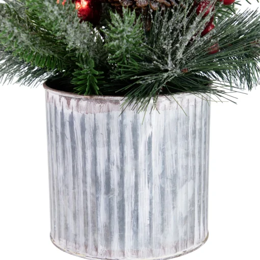 Sale 12" Frosted Pine, Berries and Pine Cones Floral Arrangement in Tin Pot Centerpieces & Arrangements