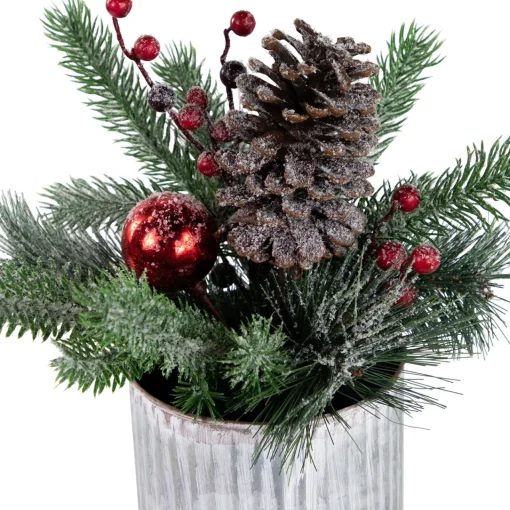Sale 12" Frosted Pine, Berries and Pine Cones Floral Arrangement in Tin Pot Centerpieces & Arrangements
