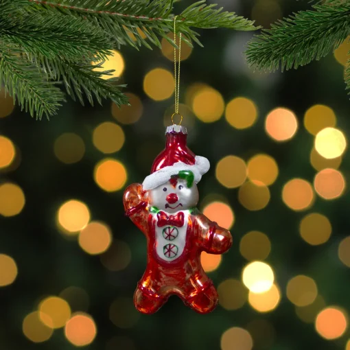 Hot 5" Gingerbread Man with Santa Hat Hanging Glass Christmas Ornament Gingerbread