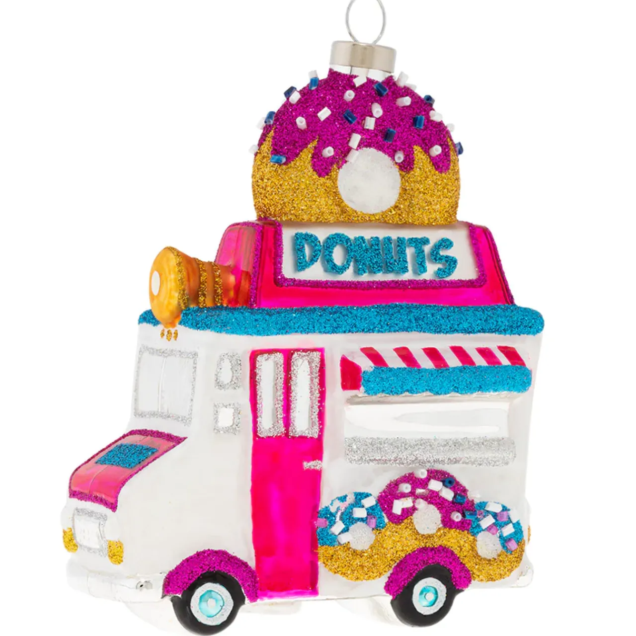 Hot 4.75" Gliitered Donut Truck Glass Christmas Ornament Food & Beverage