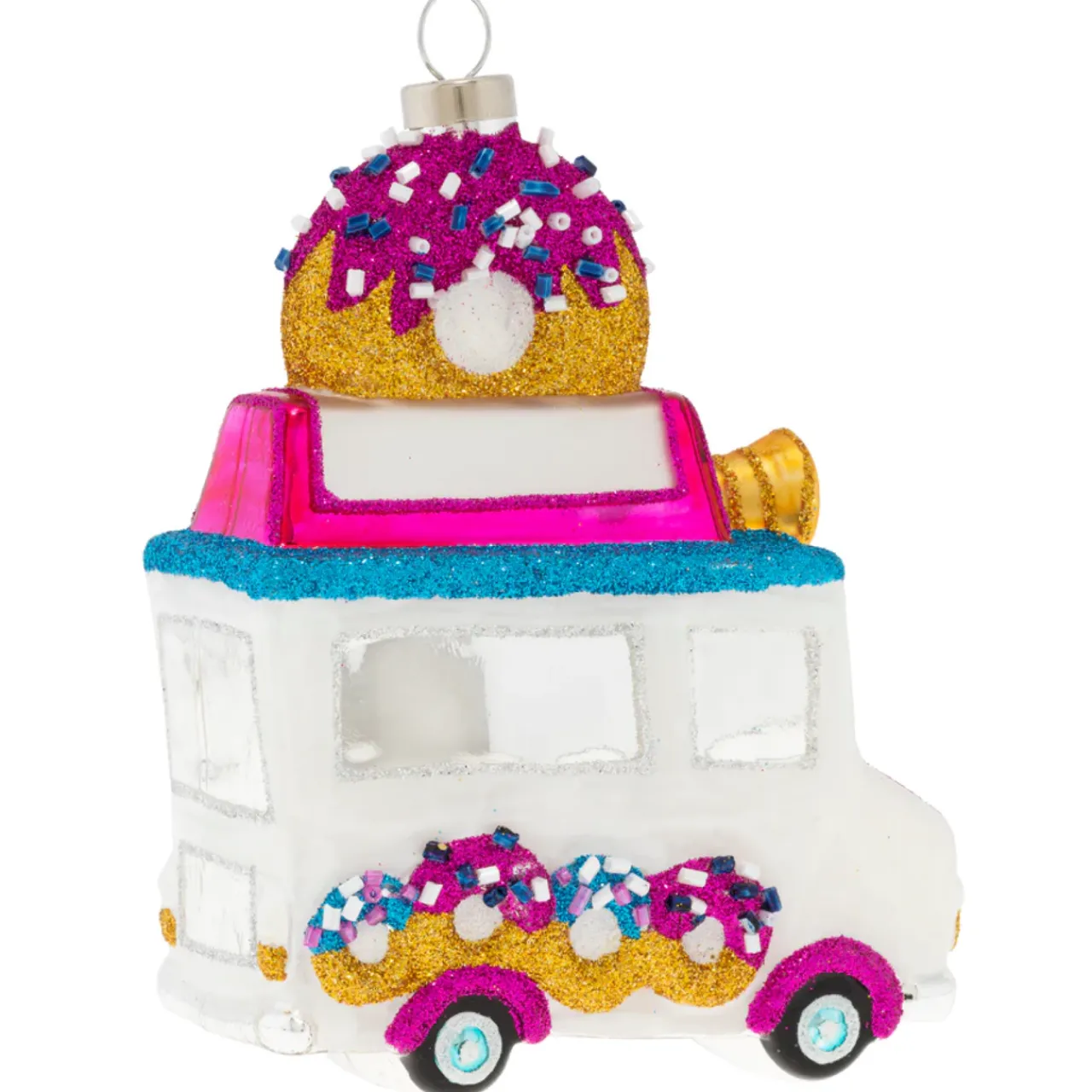 Hot 4.75" Gliitered Donut Truck Glass Christmas Ornament Food & Beverage