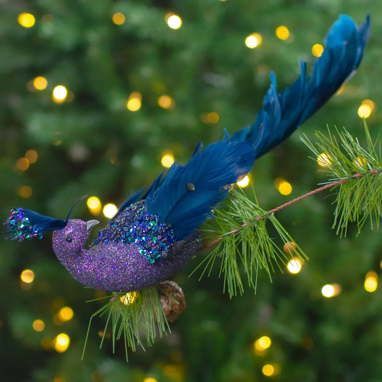 14.75" Glittered Blue and Green Peacock Christmas Clip-On Christmas Ornament Animals
