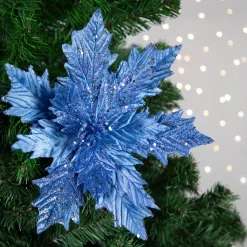 Outlet 24" Glittered Blue Poinsettia Christmas Stem Spray Sprays, Picks & Branches