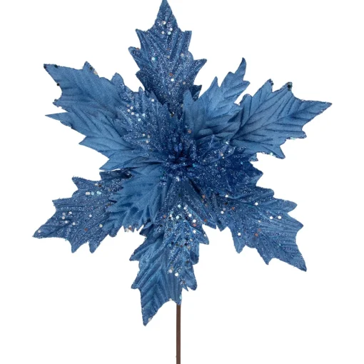 Outlet 24" Glittered Blue Poinsettia Christmas Stem Spray Sprays, Picks & Branches