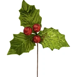 Best 19" Glittered Holly with Berry Christmas Stem Spray Sprays, Picks & Branches