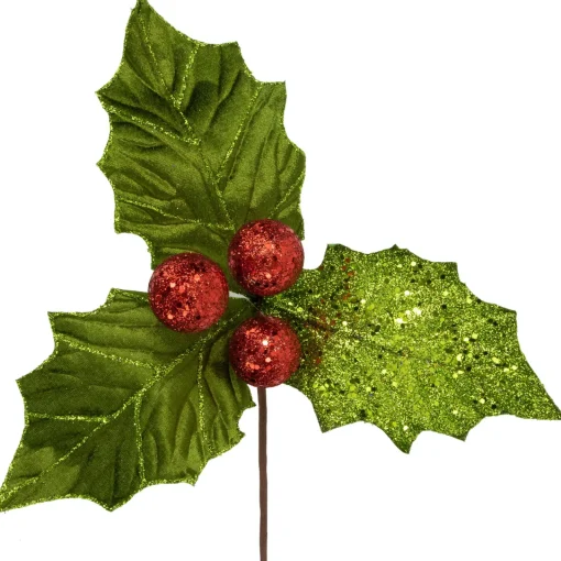 Best 19" Glittered Holly with Berry Christmas Stem Spray Sprays, Picks & Branches