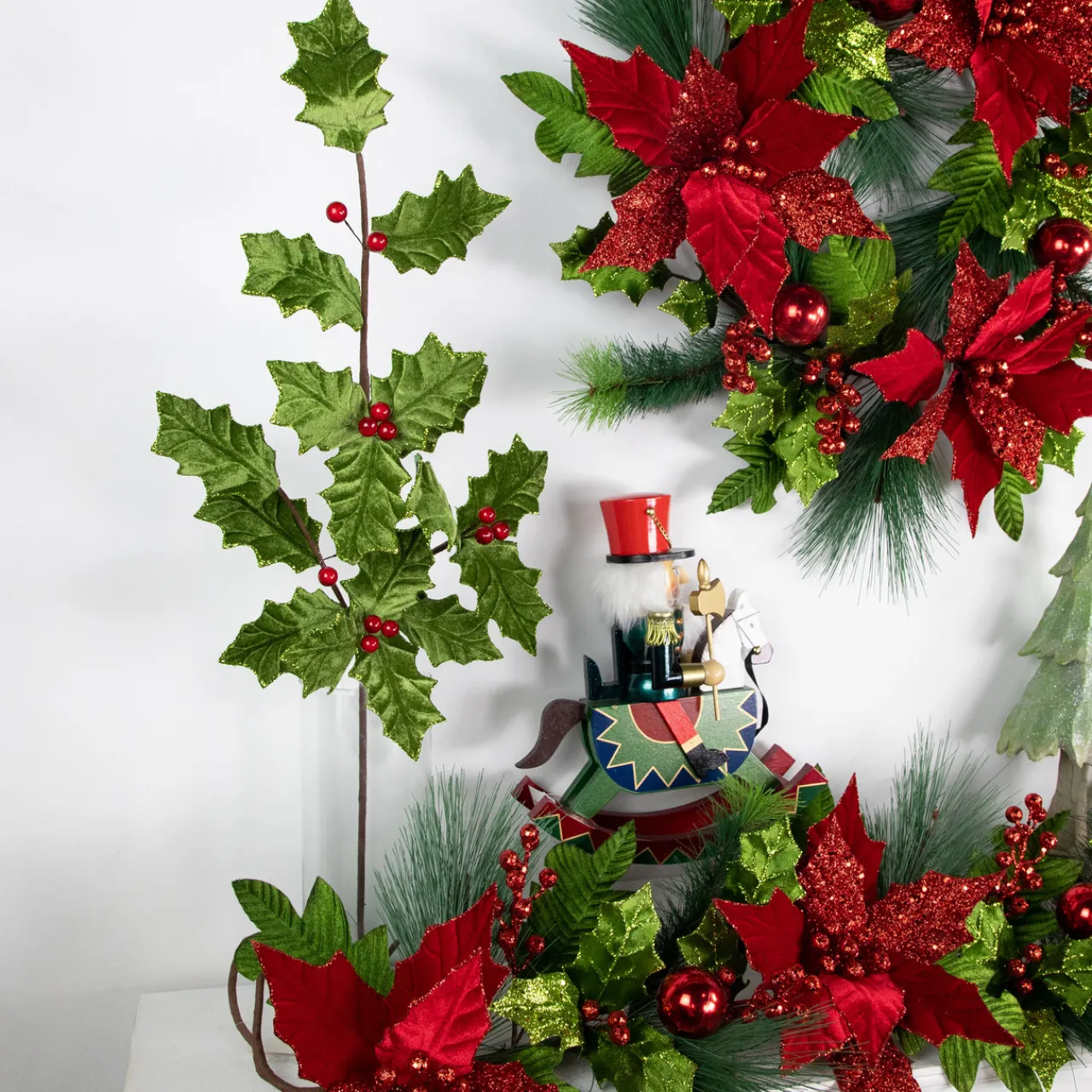 31" Glittered Holly with Berry Christmas Spray Sprays, Picks & Branches