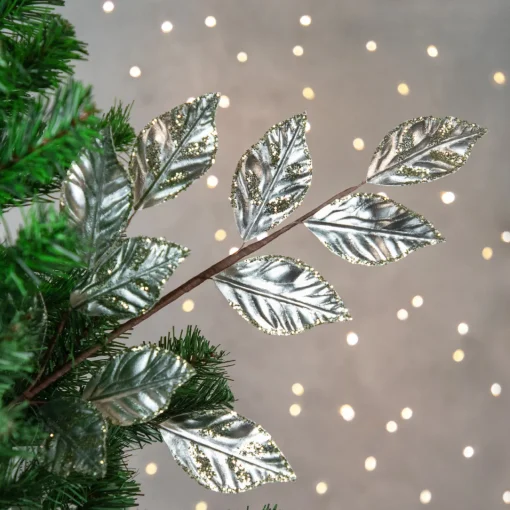 Online 25" Glittered Platinum Leaves Christmas Spray Sprays, Picks & Branches