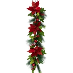 Clearance 48" Glittered Red Poinsettia and Long Pine Christmas Swag, Unlit Unlit Swags