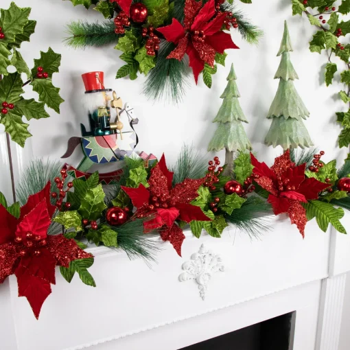 Clearance 48" Glittered Red Poinsettia and Long Pine Christmas Swag, Unlit Unlit Swags