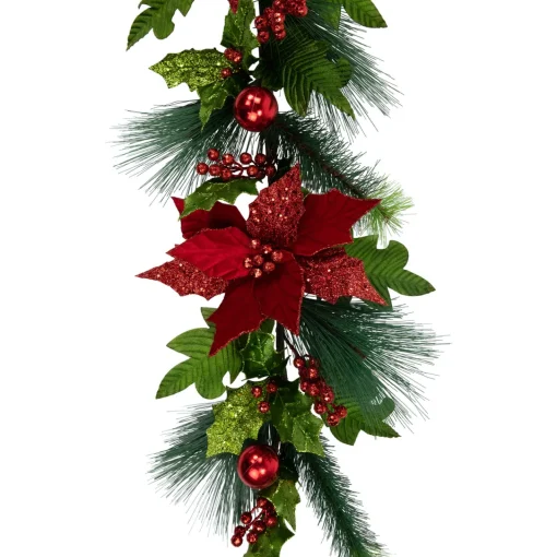 Clearance 48" Glittered Red Poinsettia and Long Pine Christmas Swag, Unlit Unlit Swags