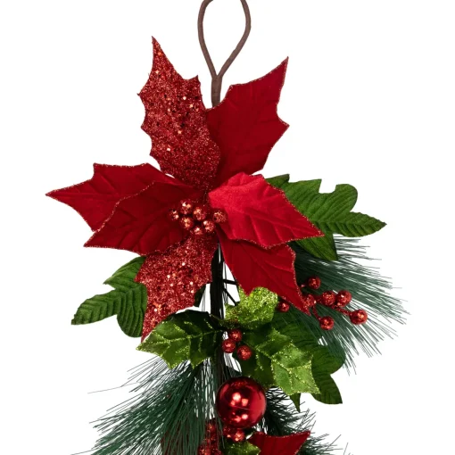Clearance 48" Glittered Red Poinsettia and Long Pine Christmas Swag, Unlit Unlit Swags