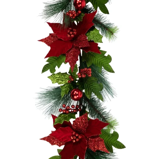 Clearance 48" Glittered Red Poinsettia and Long Pine Christmas Swag, Unlit Unlit Swags