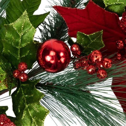 Clearance 48" Glittered Red Poinsettia and Long Pine Christmas Swag, Unlit Unlit Swags