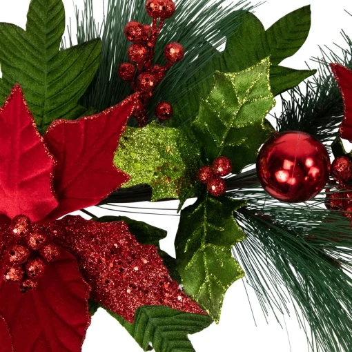 Clearance 48" Glittered Red Poinsettia and Long Pine Christmas Swag, Unlit Unlit Swags