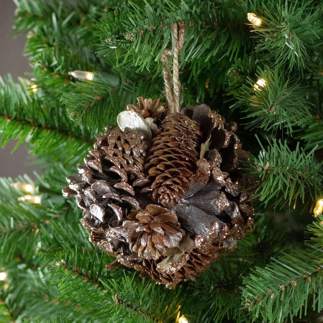 Outlet 5" Glittery Copper Round Pine Cone and Leaves Hanging Christmas Ornament Novelty