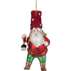 Outlet 6" Gold and Red Gnome with Lantern and Flower Basket Glass Christmas Ornament Gnomes