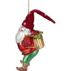 Outlet 6" Gold and Red Gnome with Lantern and Flower Basket Glass Christmas Ornament Gnomes