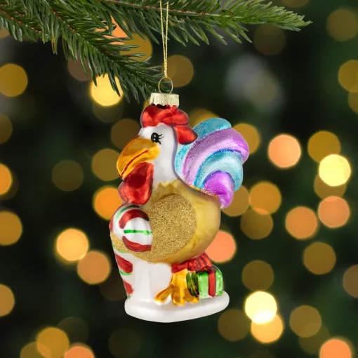 Clearance 5" Gold and Red Rooster Glass Christmas Ornament Animals