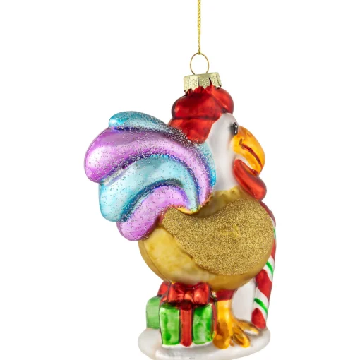 Clearance 5" Gold and Red Rooster Glass Christmas Ornament Animals