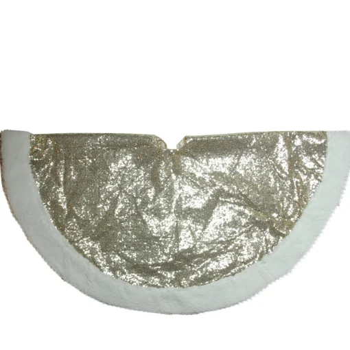New 47" Gold and White Round High Pile Fleece Border Christmas Tree Skirt Cloth|Metal