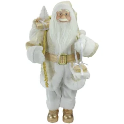 Hot 18" Gold and White Standing Santa Christmas Figure with Presents Santa Claus