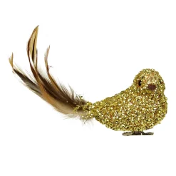 Best 6.5" Gold Sequined Bird with Feather Tail Christmas Ornament with Clip Animals