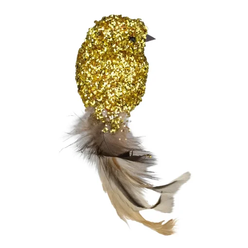 Best 6.5" Gold Sequined Bird with Feather Tail Christmas Ornament with Clip Animals