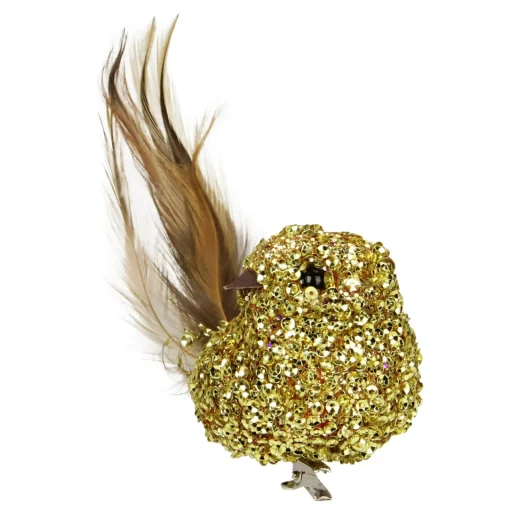 Best 6.5" Gold Sequined Bird with Feather Tail Christmas Ornament with Clip Animals
