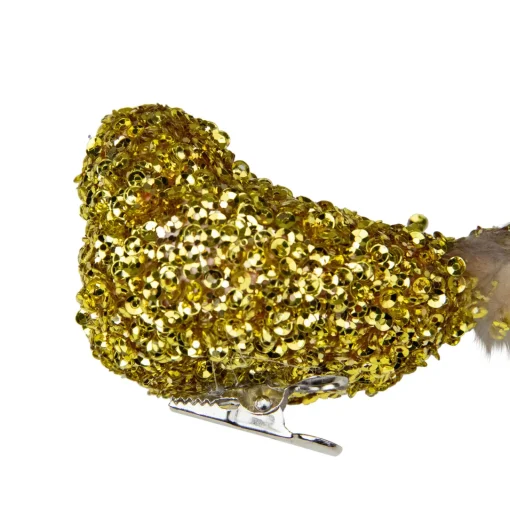 Best 6.5" Gold Sequined Bird with Feather Tail Christmas Ornament with Clip Animals