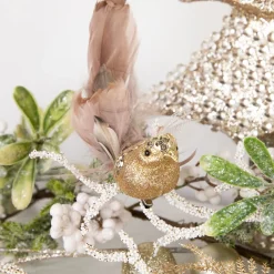 New 6" Gold Sequins and Glitter Bird with Clip and Feathers Christmas Ornament Animals