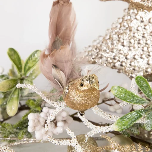 New 6" Gold Sequins and Glitter Bird with Clip and Feathers Christmas Ornament Animals