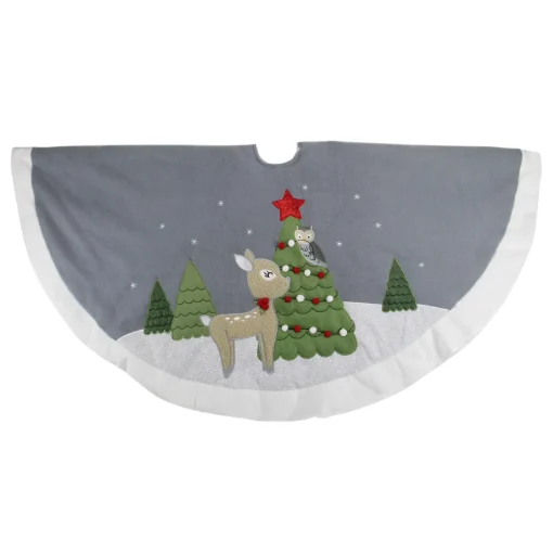 Best 48" Gray and White Deer with Owl Christmas Tree Skirt Cloth|Metal