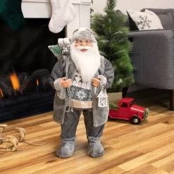 24" Gray and White Santa Claus with Lantern Christmas Figure Santa Claus